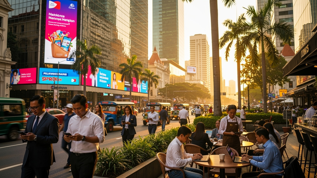People sit at outdoor café tables and walk along a busy city street lined with tall buildings, palm trees, and digital billboards during daylight.