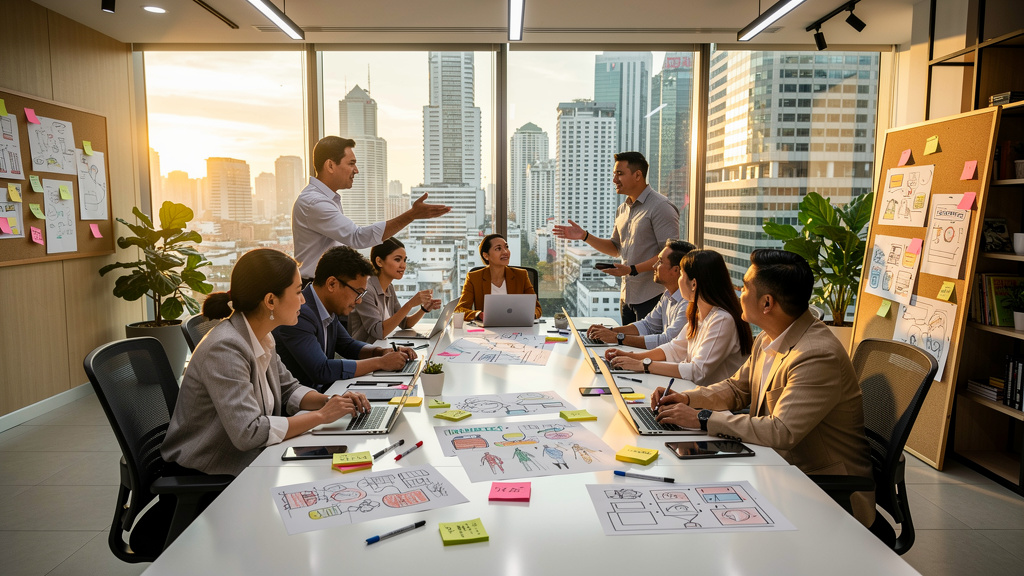 A group of professionals in a modern conference room engaged in a meeting, with diagrams, charts, and sticky notes spread on the table and boards.